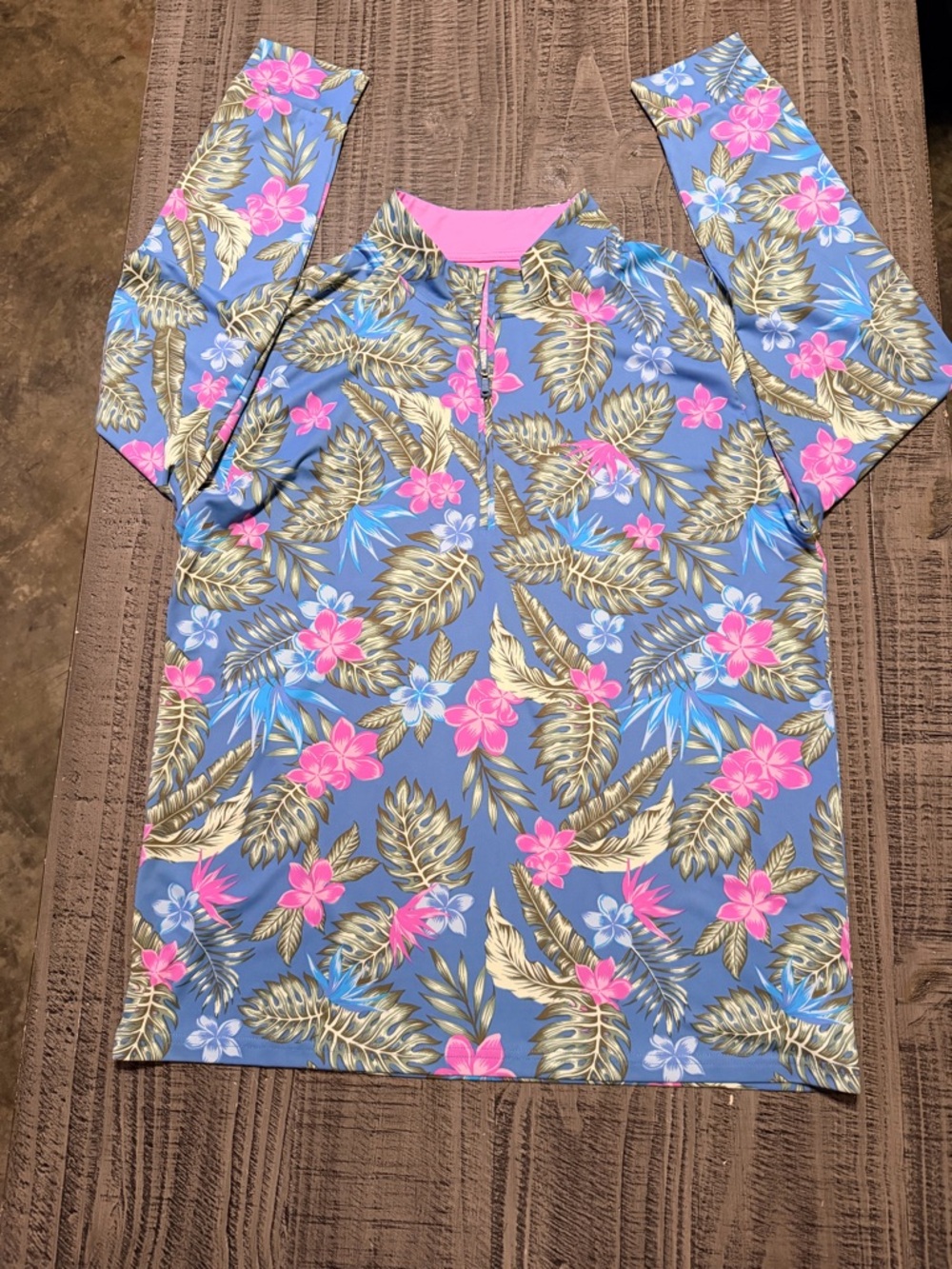 Tropical Print Long Sleeve Birdie Bound Pullover in Blue and Pink